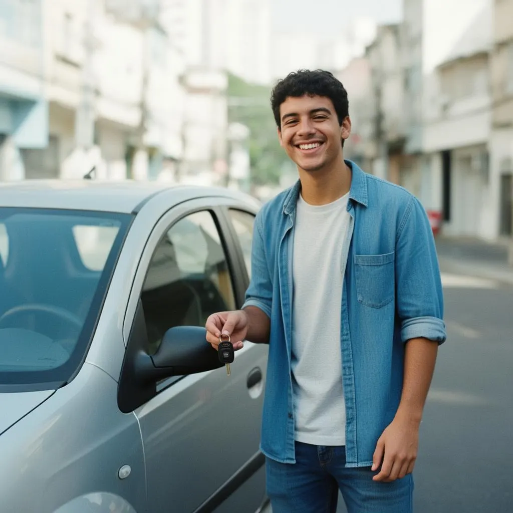 Cliente Guardian Car ao lado do seu veículo